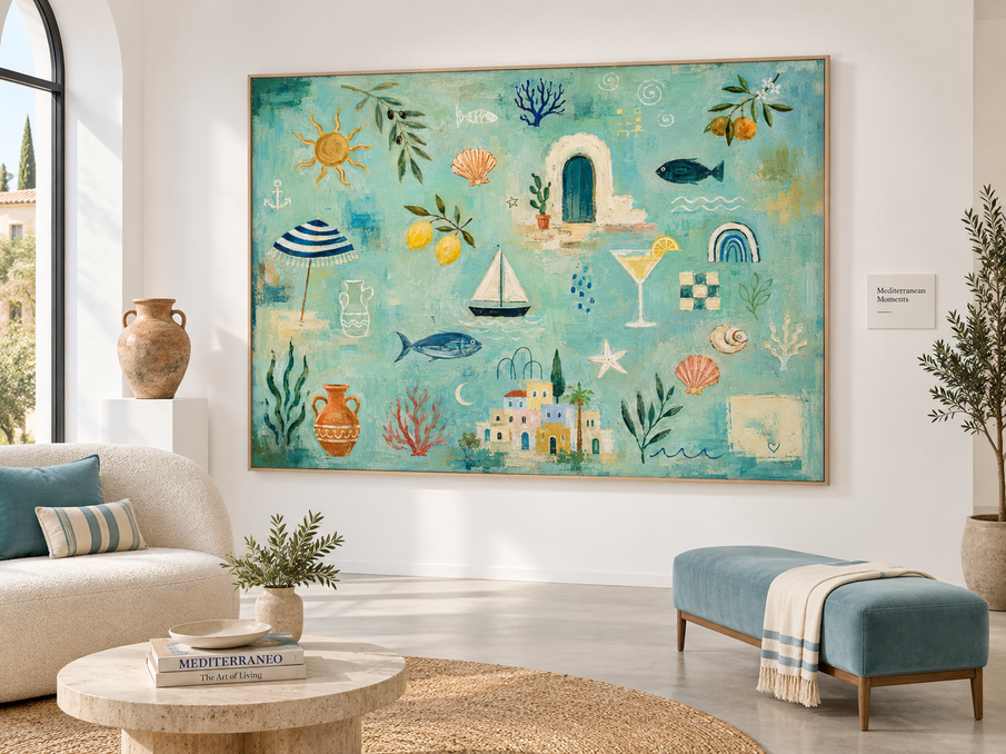 Modern Abstract Beach Decor Painting With Geometric And Organic Shapes