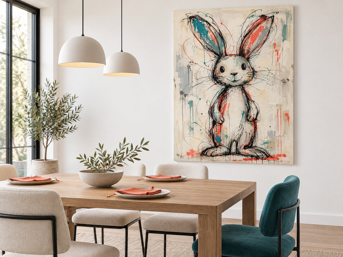 Hand-Painted Graffiti Rabbit Canvas Art With Teal And Coral Accents
