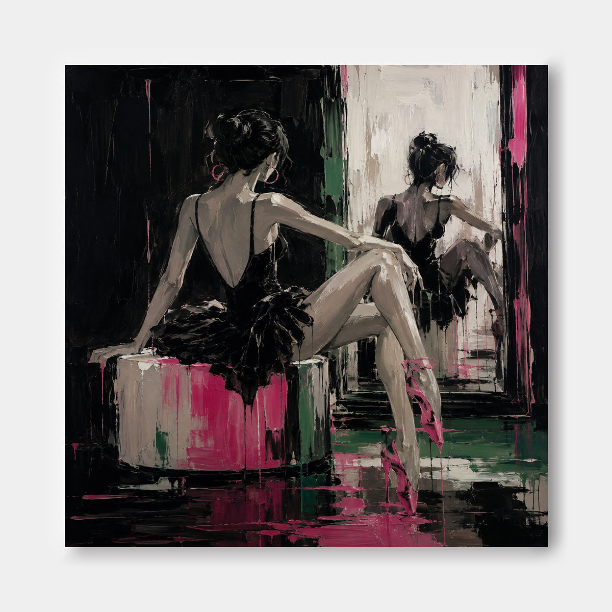 Ballerina In Black And Pink Hand-Painted Canvas Art For Modern Walls Abstract Art With Gothic Elegance