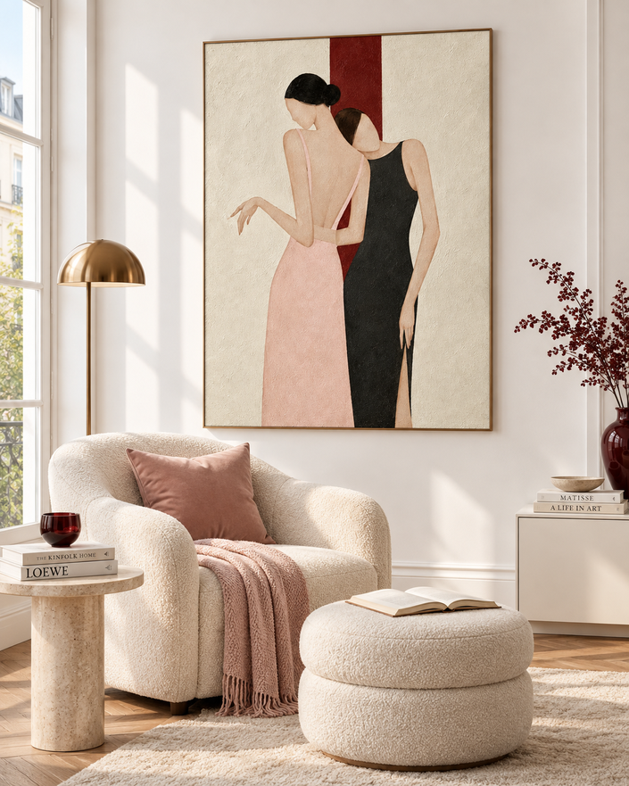 Two Women Embrace Minimalist Canvas Painting In Pink And Black