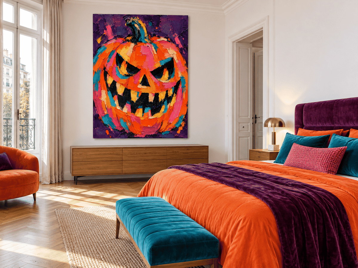 Hand-Painted Abstract Pumpkin Canvas Art With Bold Orange And Purple Colors