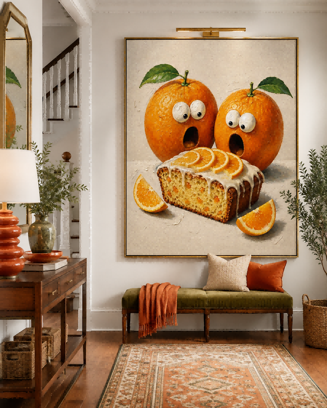 Whimsical Orange And Cake Painting For Modern Kitchen Wall Art Decor