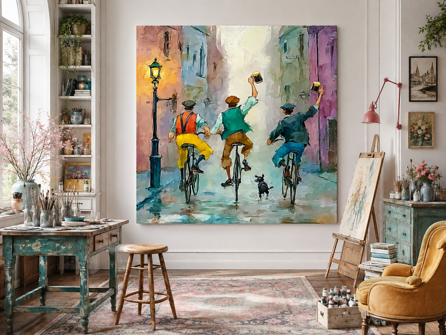 Textured Urban Narrative Painting Featuring Cyclists Dog And Reflections For Modern Home Interior Design