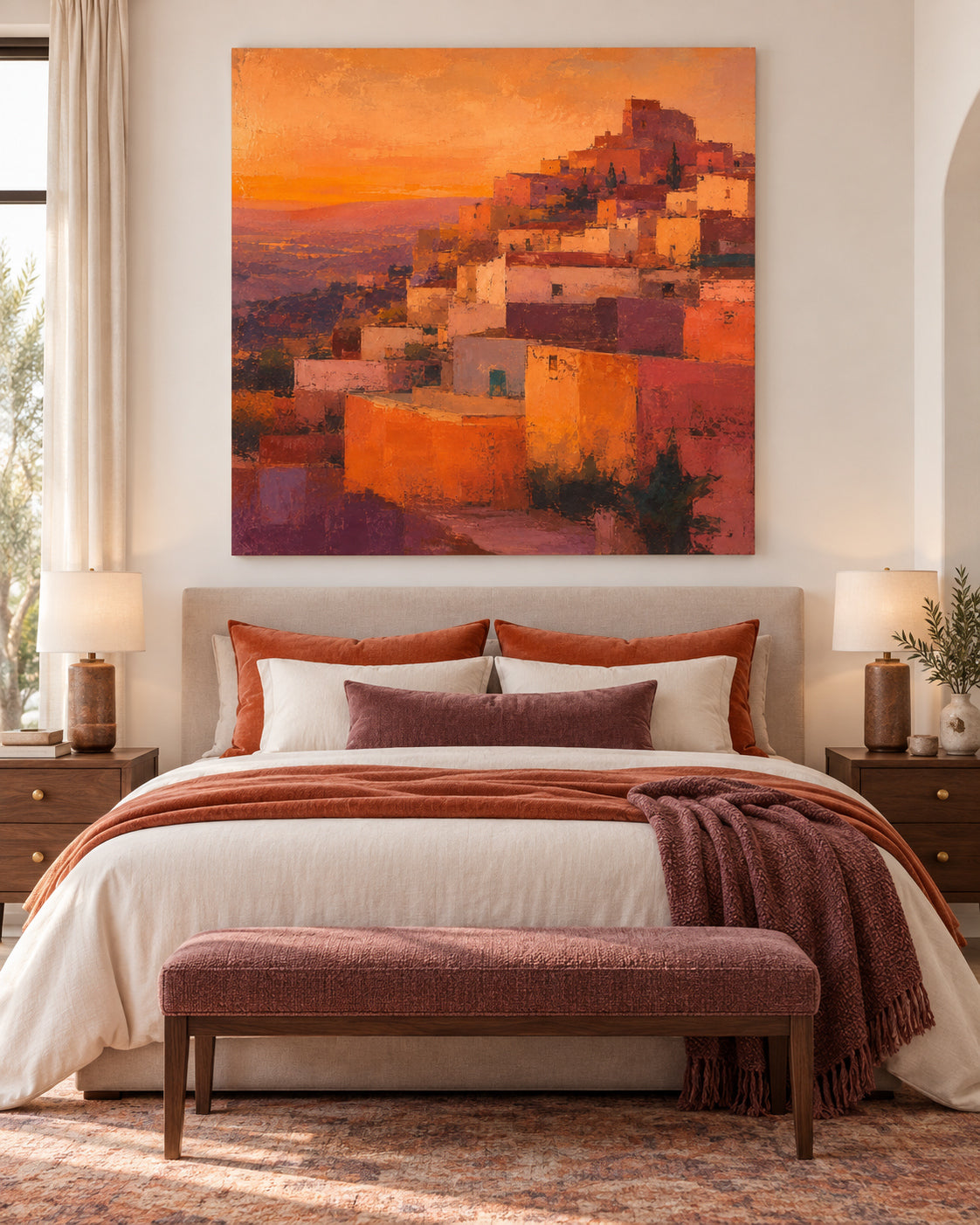 Hand-Painted Hillside Village Canvas Art In Warm Orange And Purple Tones