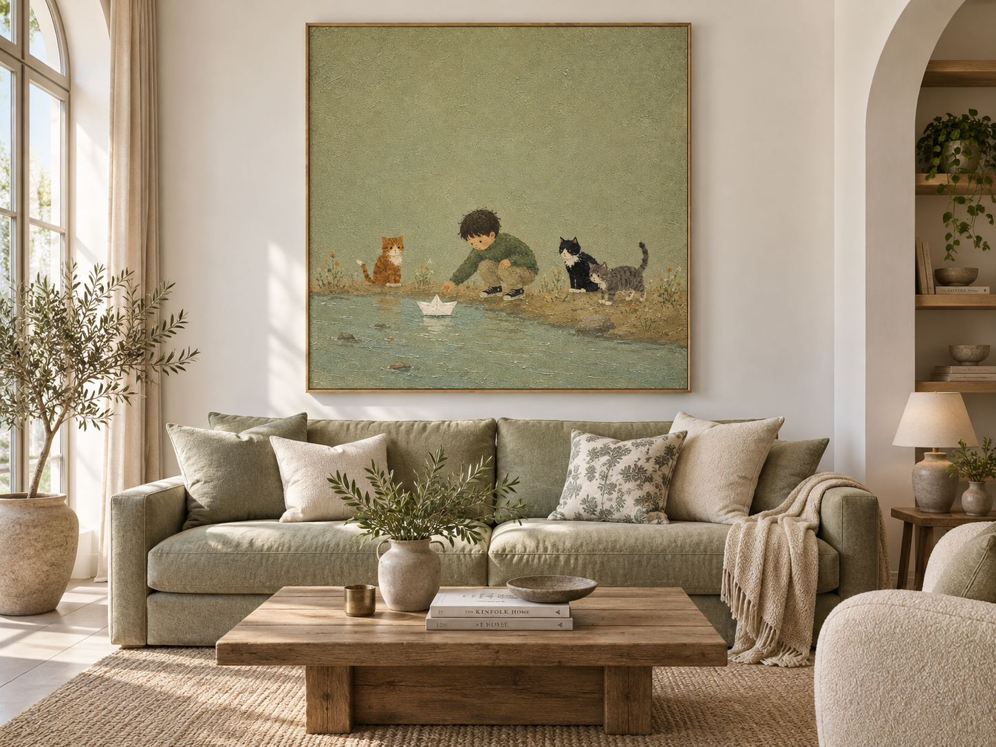 Whimsical Nursery Wall Art With Boy And Cats For Kids Room Modern Abstract Storytelling Canvas Painting With Textured Green