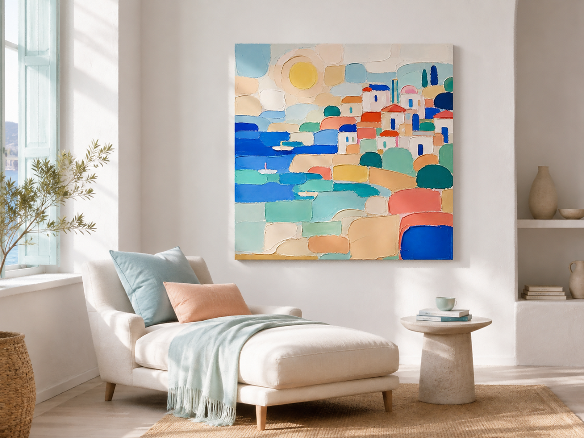 Abstract Mediterranean Town Seascape Hand-Painted Canvas Art With Blue And Orange Tones