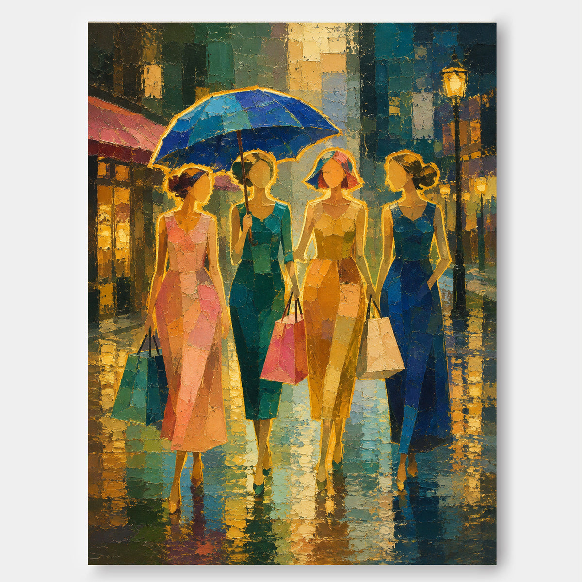 Textured Expressionist Painting Of City Life In Retro Style Hand-Painted Fashion Women With Umbrella Canvas Art