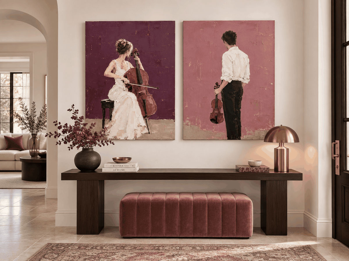 Hand-Painted Music Couple Art With Cello And Violin On Canvas