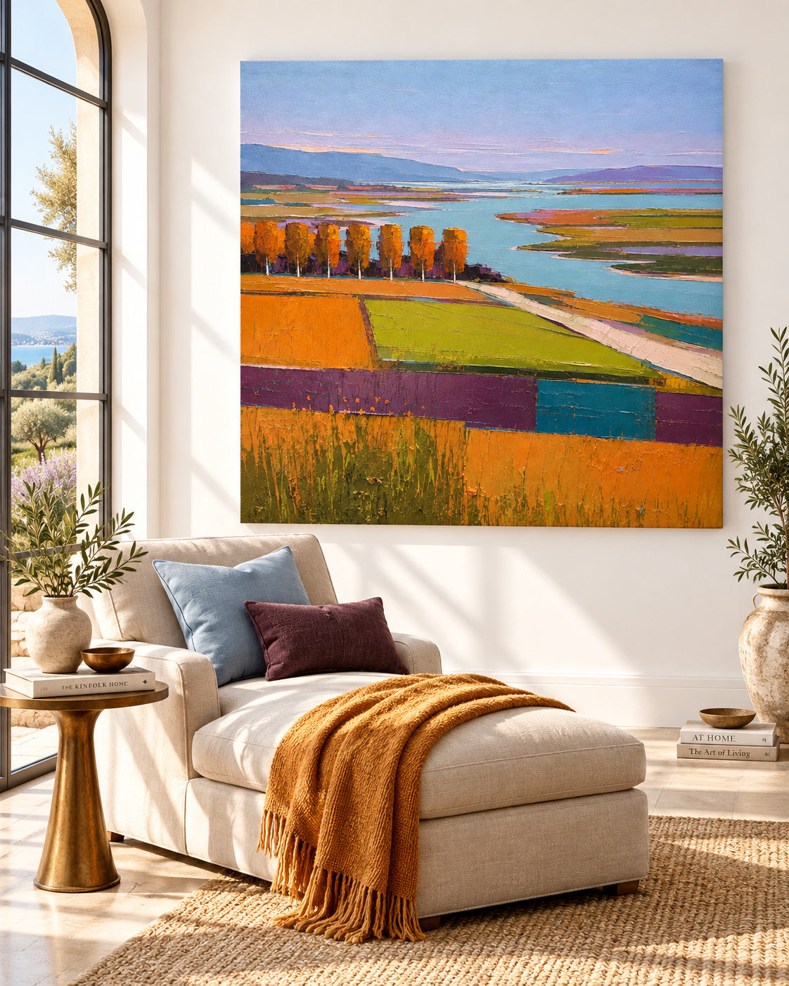 Hand-Painted Autumn Landscape Canvas Art With Golden Fields And Lake