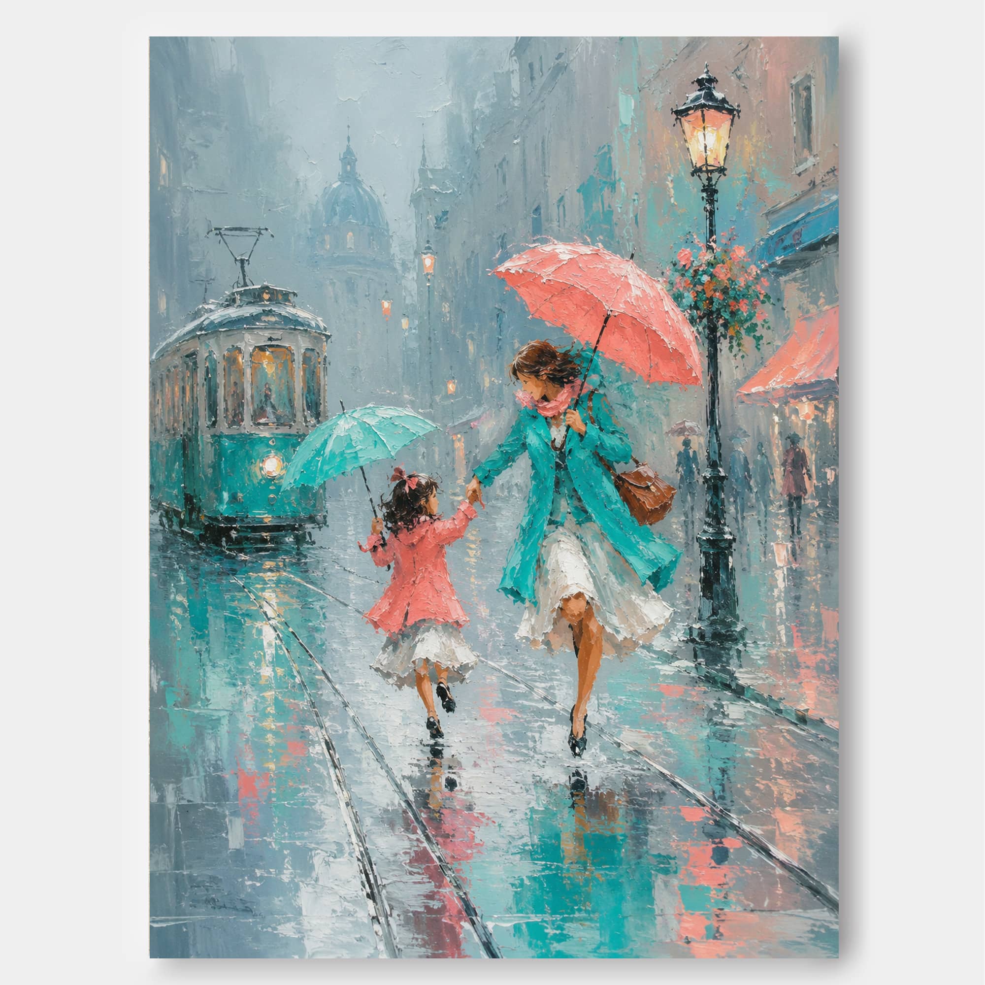 Textured Impressionist Oil Painting Of Mother Daughter Walking In Rain With Umbrellas Urban Life Art