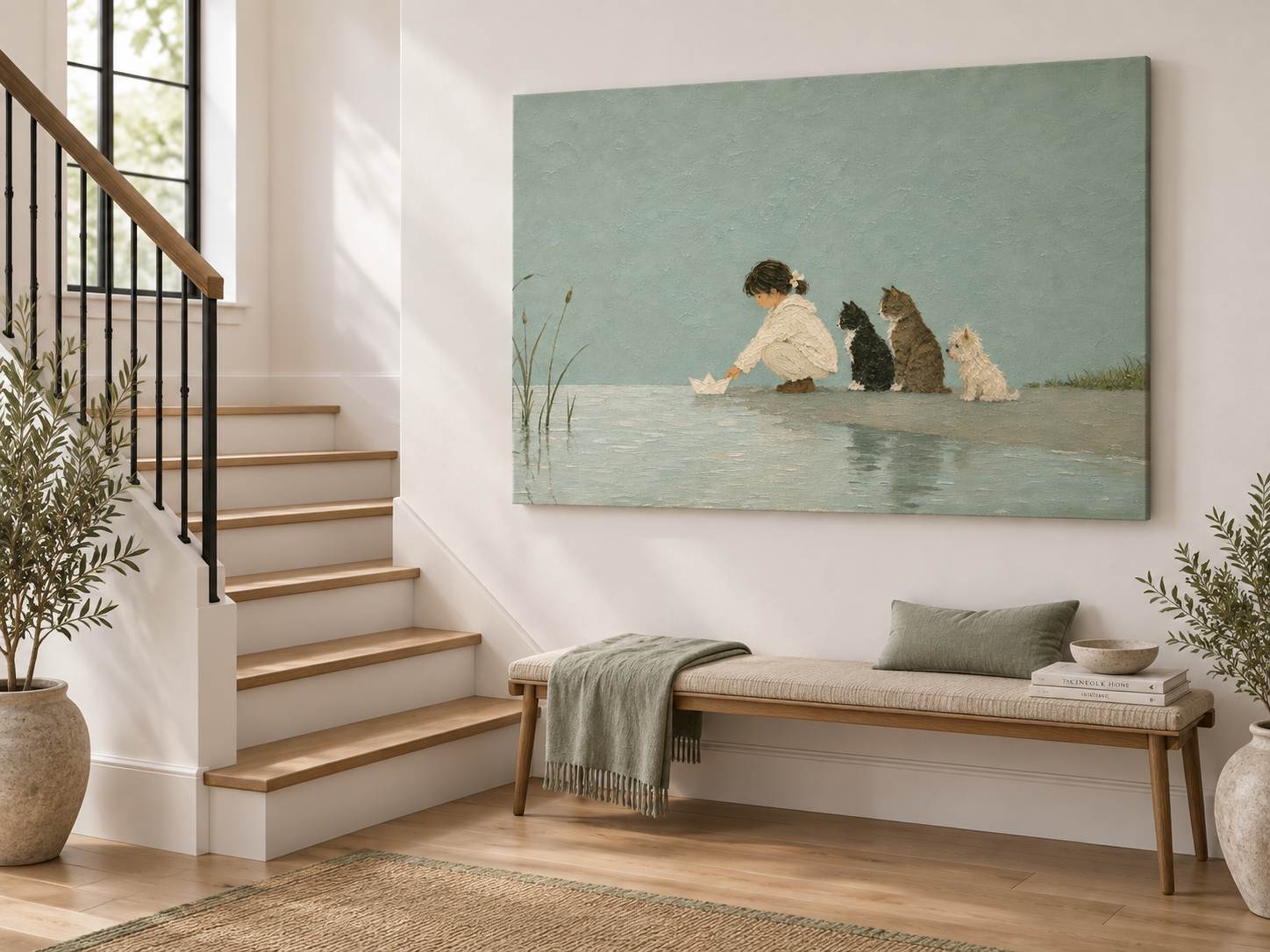 Modern Abstract Narrative Art Hand-Painted With Textured Green Background