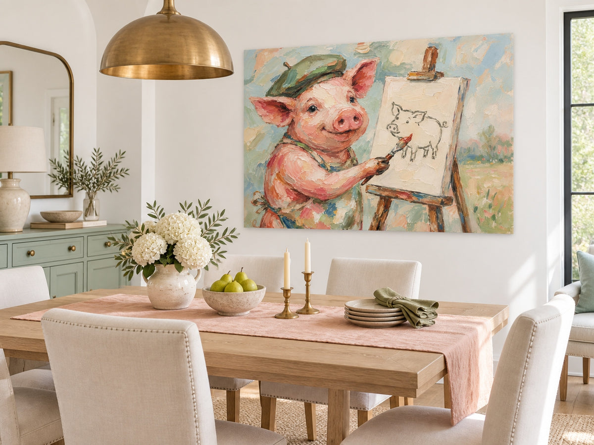 Textured Minimalist Cartoon Oil Painting Of A Creative Pink Pig