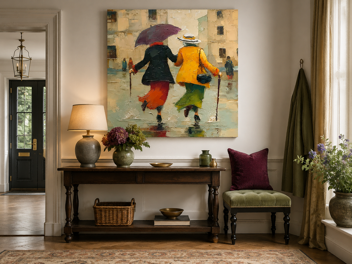 Vintage Style Canvas Art Depicting Joyful Friendship And Rainy Day City Life Square Wall Decor