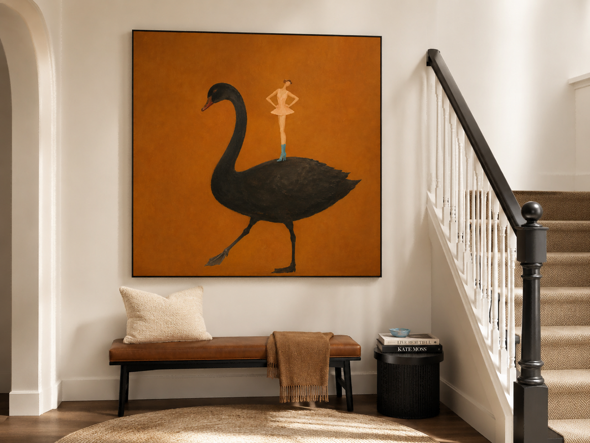 Surrealist Fashion Illustration Original Painting On Canvas Ochre Background Ballerina And Black Swan Hand-Painted Canvas Art In Warm Brown Tones