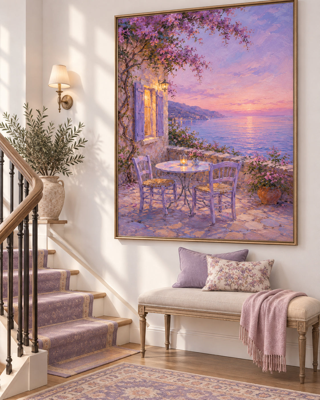 Modern Impressionist Oil Painting Of Dreamy Pink Purple Twilight Seascape