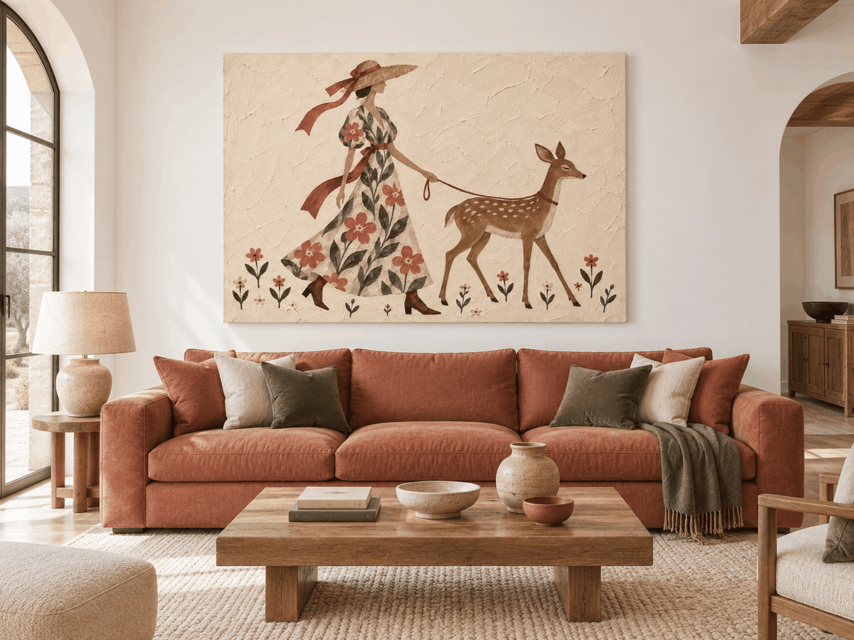 Lady With Deer Floral Hand-Painted Canvas Art In Warm Beige Tones