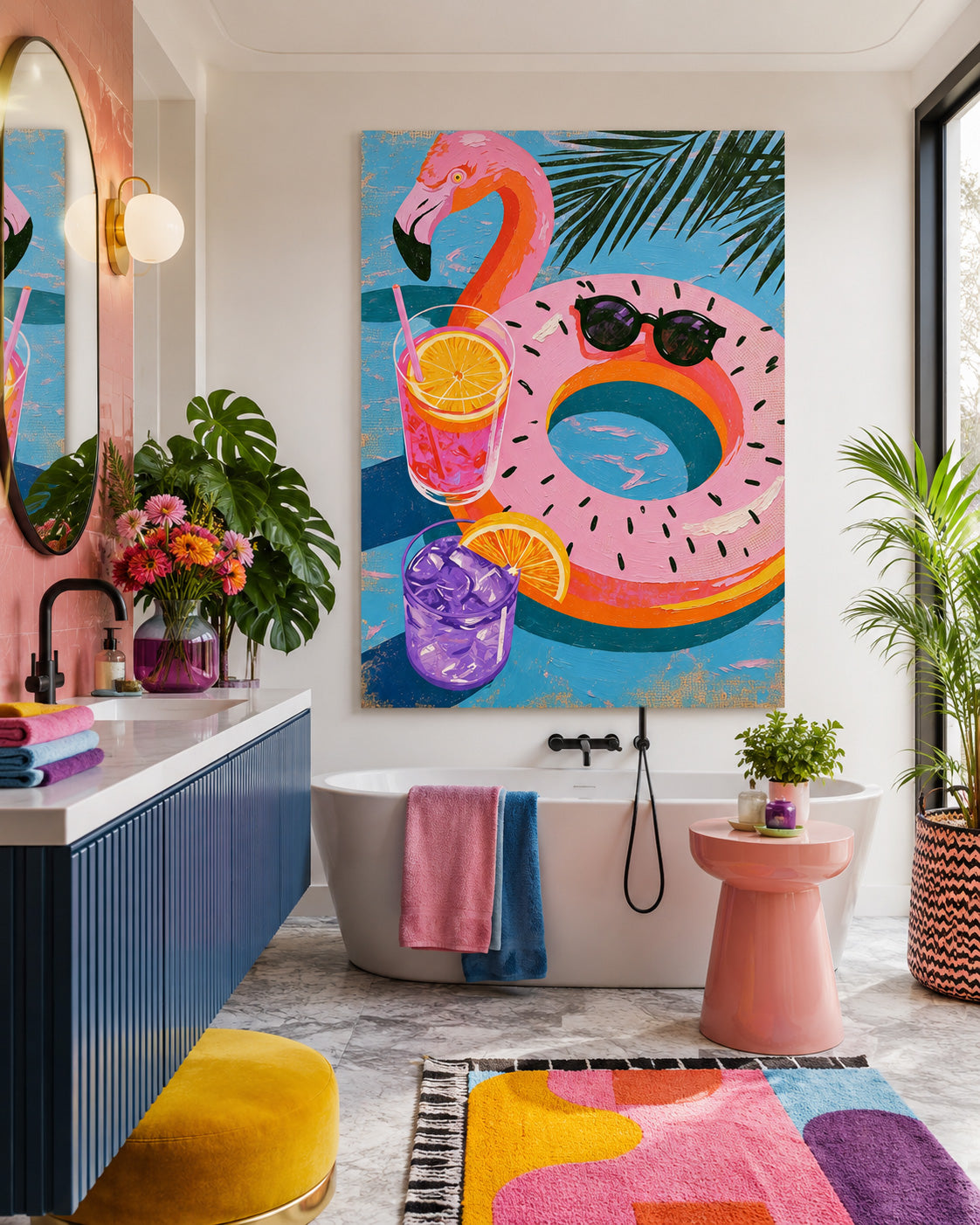 Whimsical Tropical Cocktail And Flamingo Float Canvas Art For Bright Sunroom Wall Decor