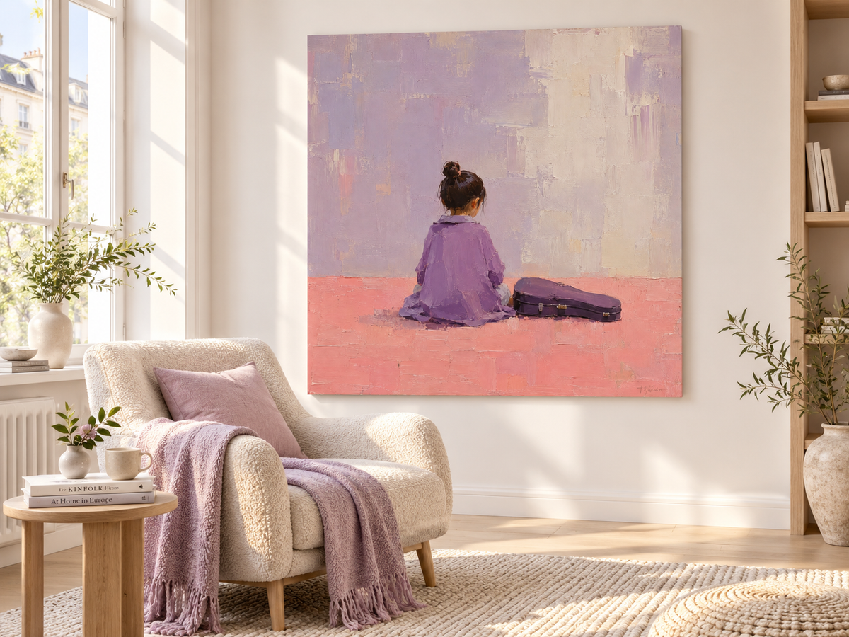 Abstract Modern Art With Girl Figure In Lavender And Blush Textured Canvas