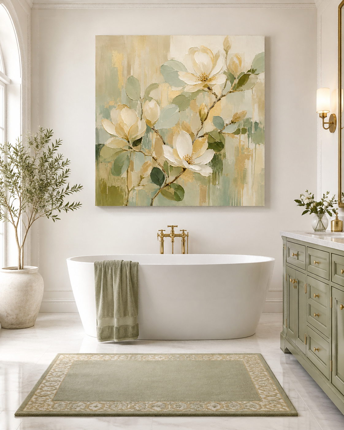 Hand-Painted Magnolia Floral Abstract Canvas Art With Gold Accents For Modern Home