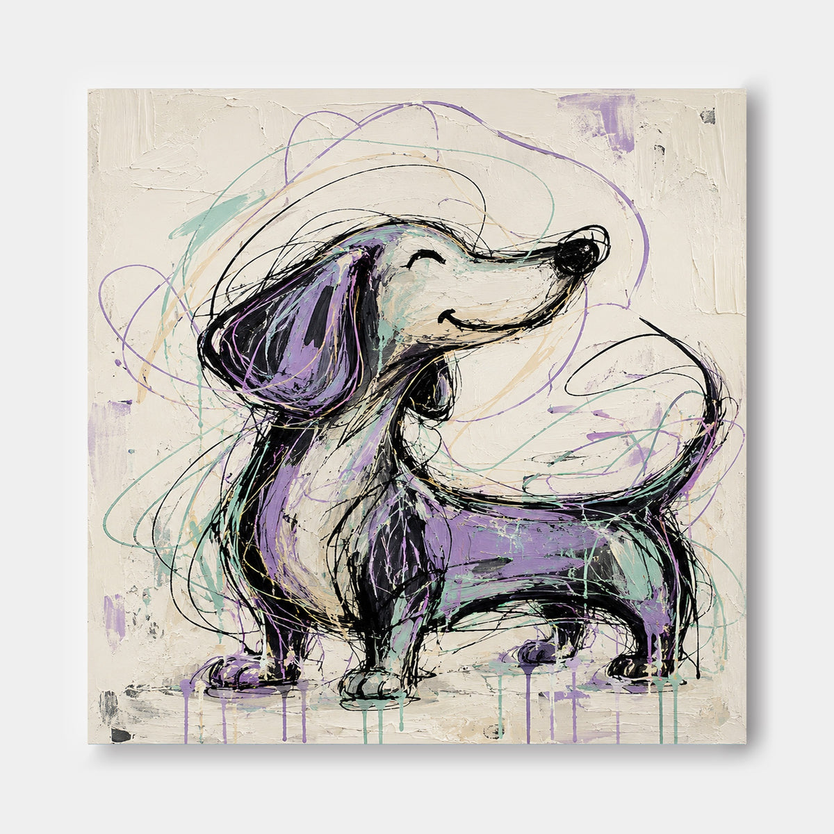 Hand-Painted Purple Dachshund Canvas Art With Graffiti Style