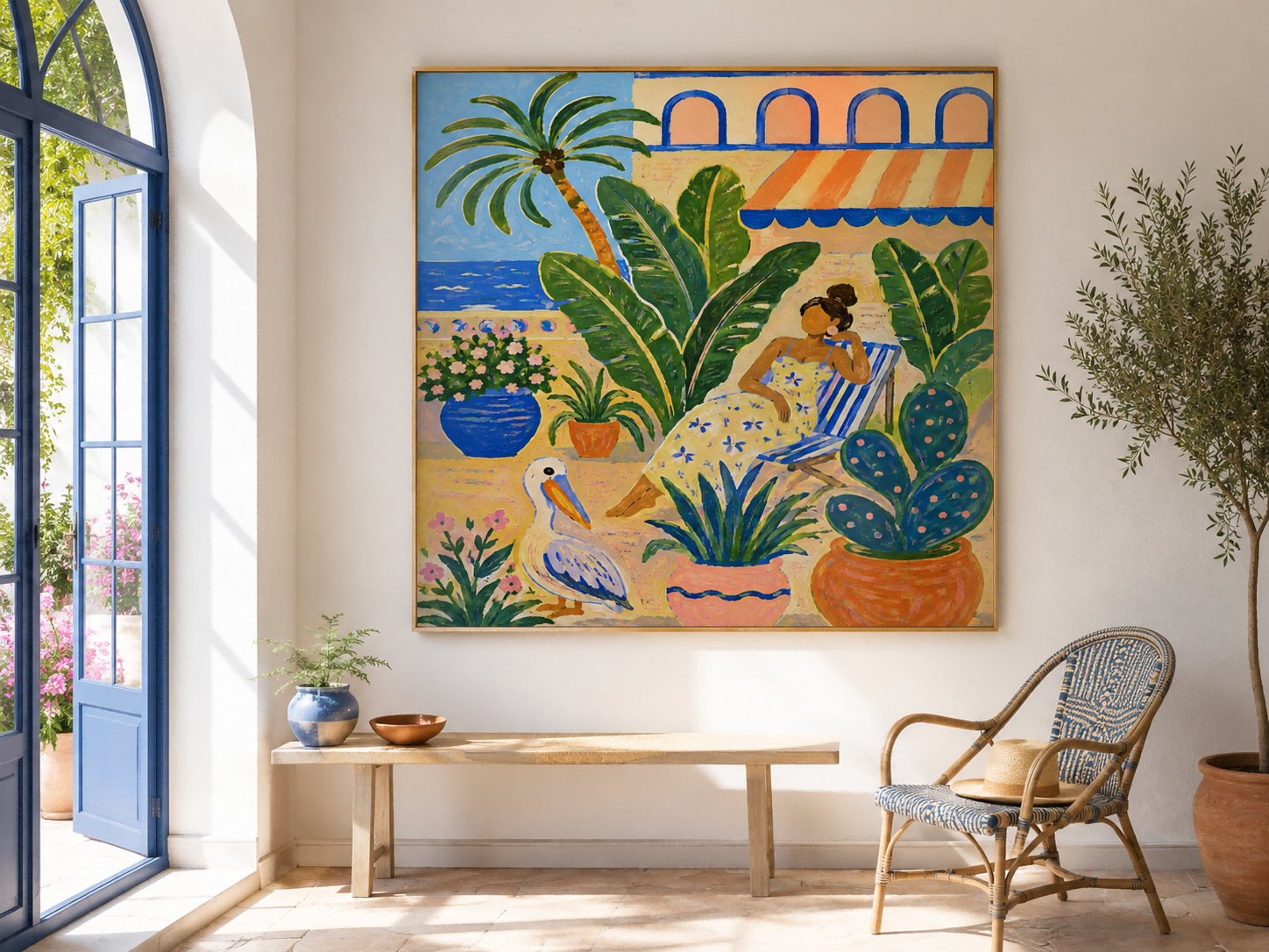 Art Deco Inspired Fantasy Beach Scene Original Canvas Painting With Bold Colors