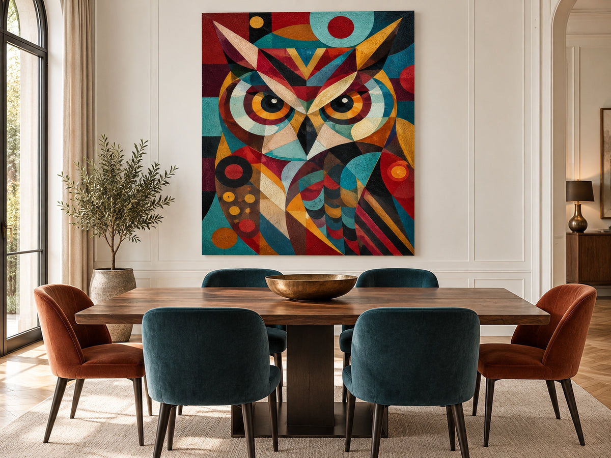 Vintage Cubism Inspired Owl Painting With Textured Geometric Patterns