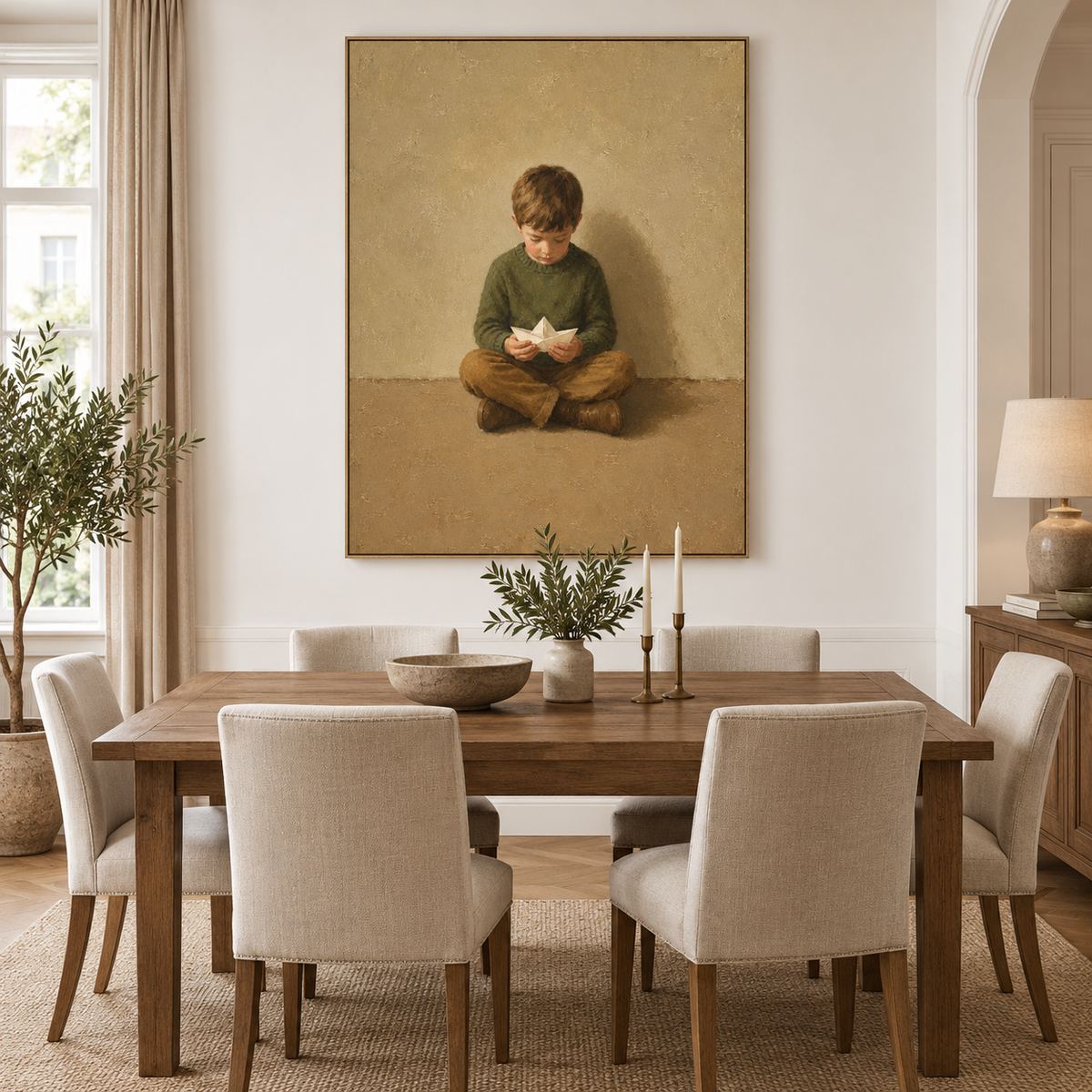 Boy With Paper Boat Hand-Painted Canvas Art In Green And Beige Tones