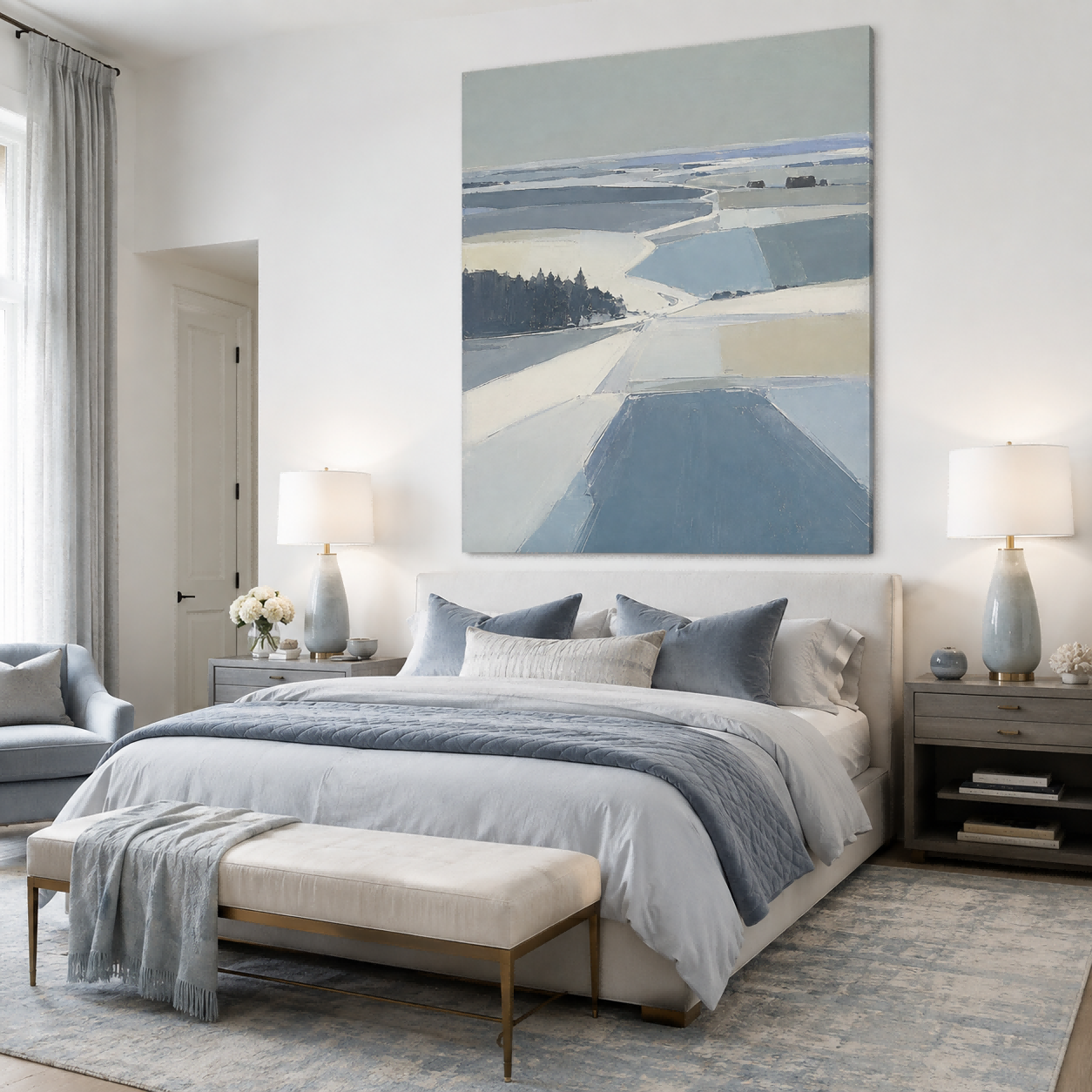 Modern Minimalist Winter Landscape Painting With Ice Blue Tones For Living Room Geometric Abstract Art