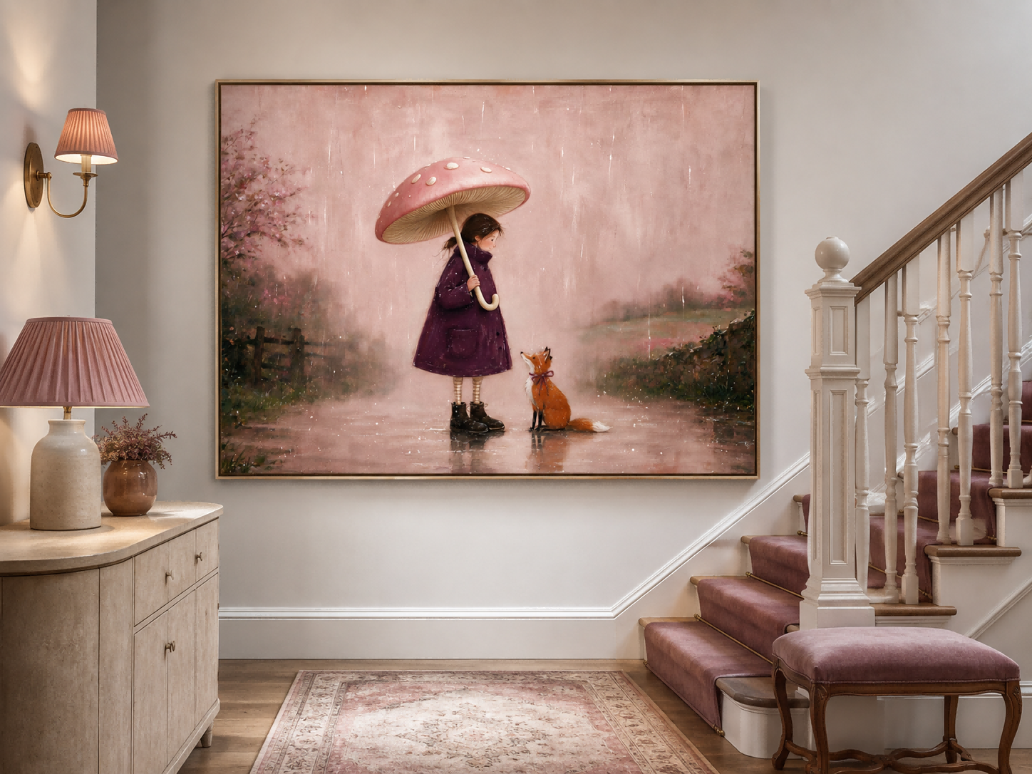 Vintage Girl With Fox Under Mushroom Umbrella In Rain Original Oil Painting