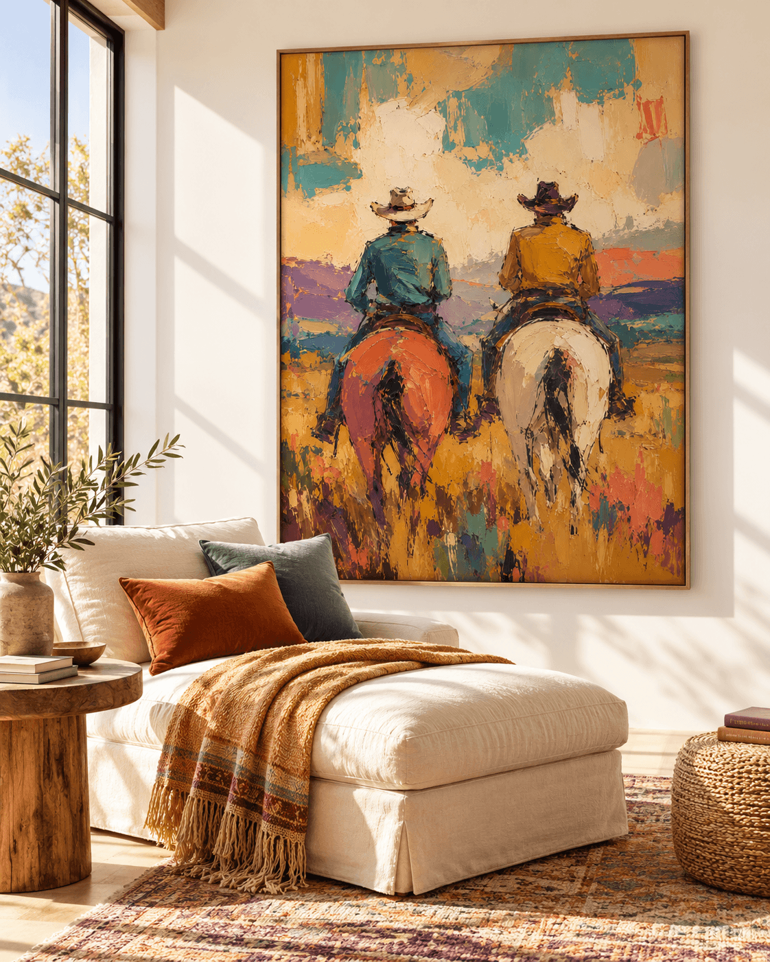 Cowboy And Horse Canvas Painting Hand-Painted Western Art With Warm Tones