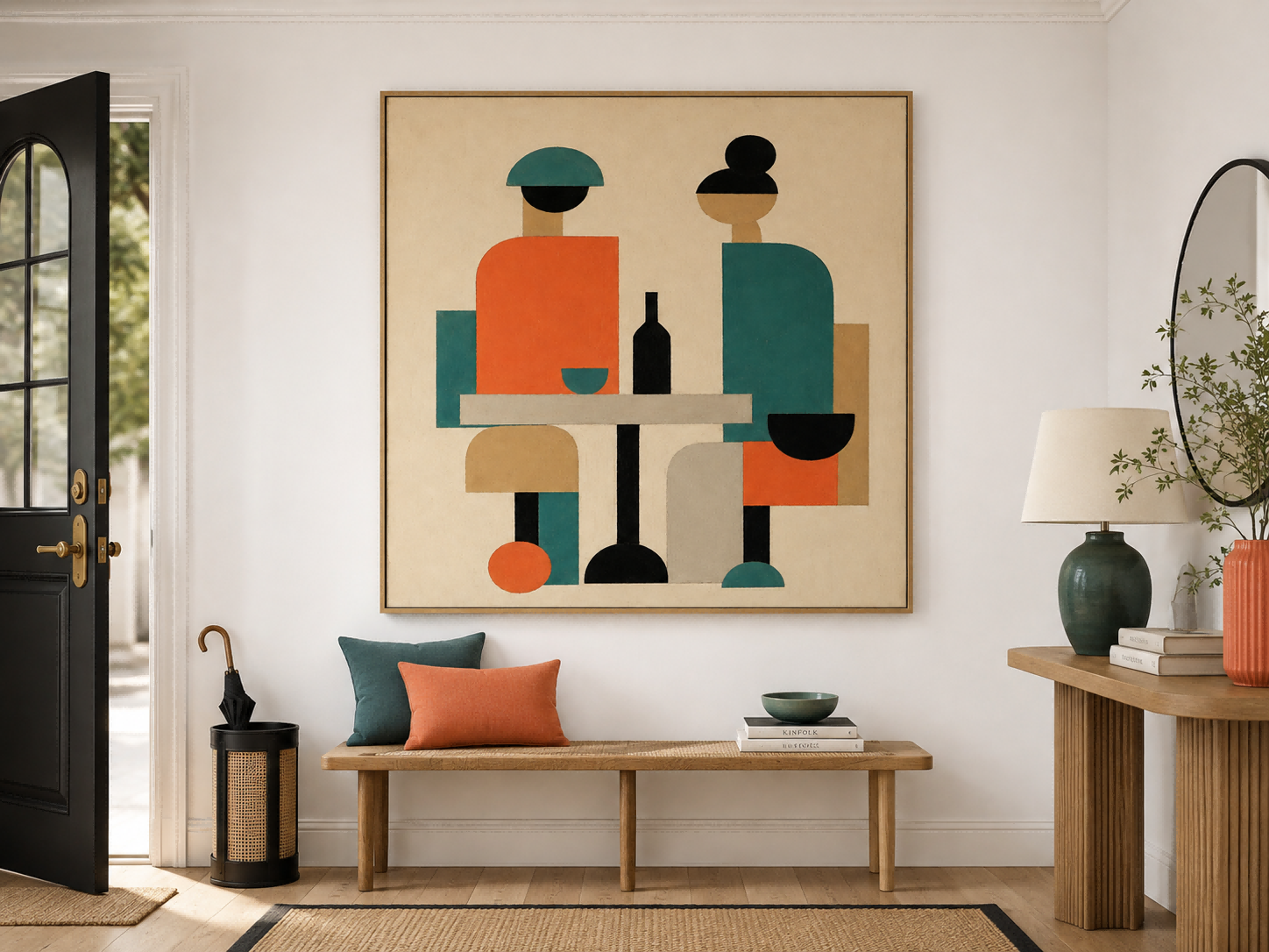 Abstract People Canvas Painting Geometric Figures With Wine Bottle