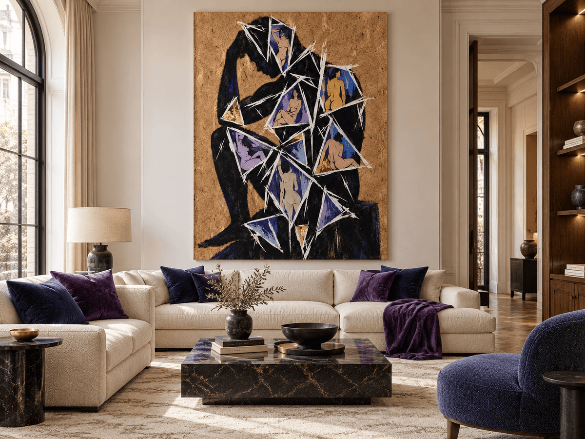Abstract Thinker Figure Cubist Hand-Painted Canvas Art With Gold Leaf Accents