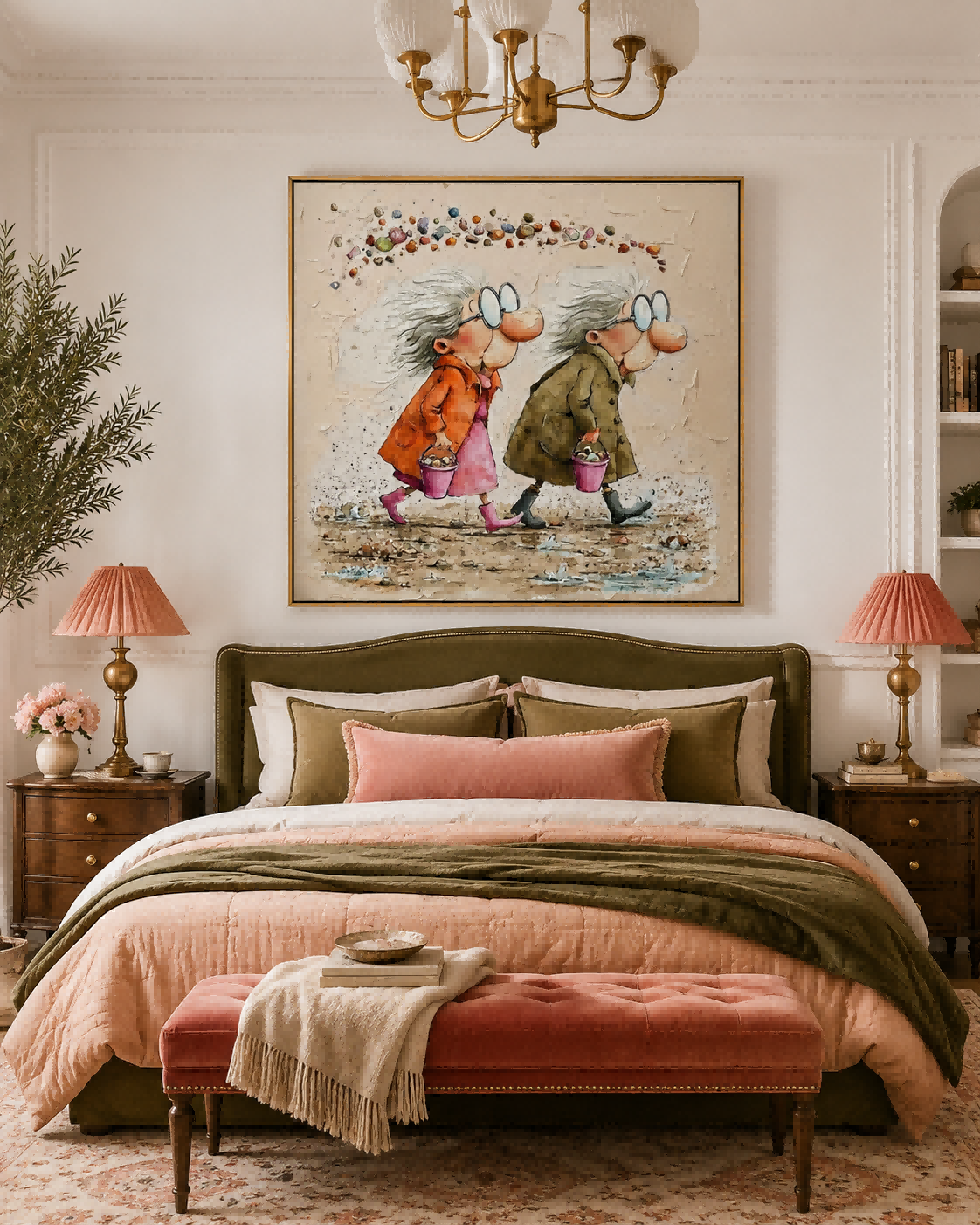 Cute Elderly Sisters Beach Art Square Canvas Painting For Living Room Decor