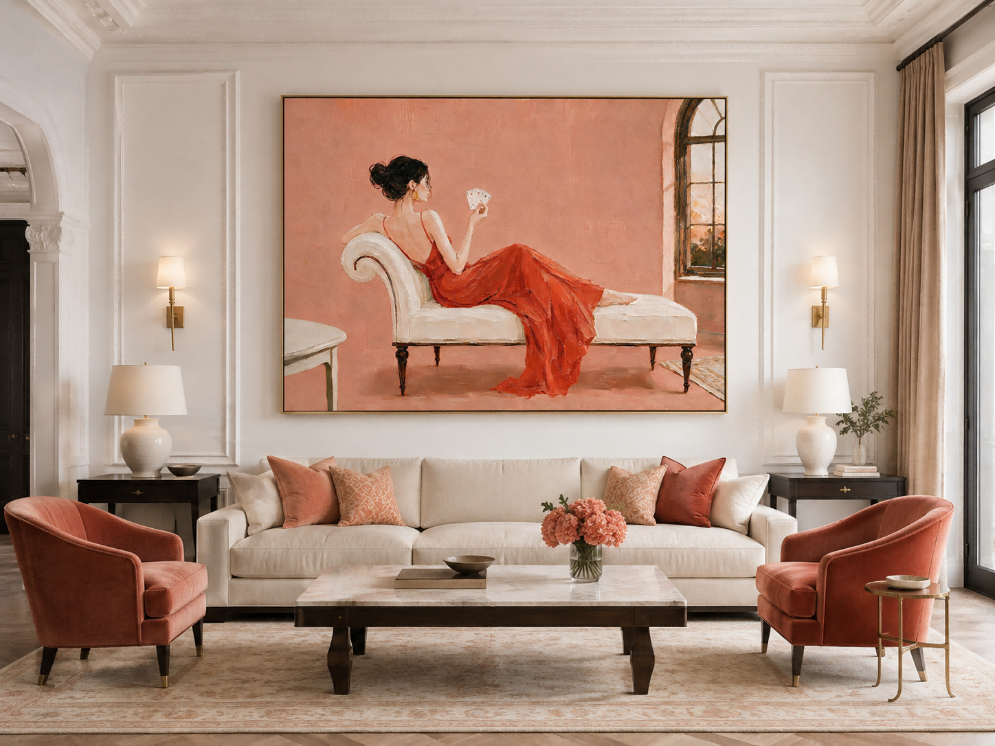 Elegant Woman In Red Dress Oil Painting For Bedroom Wall Art Decor