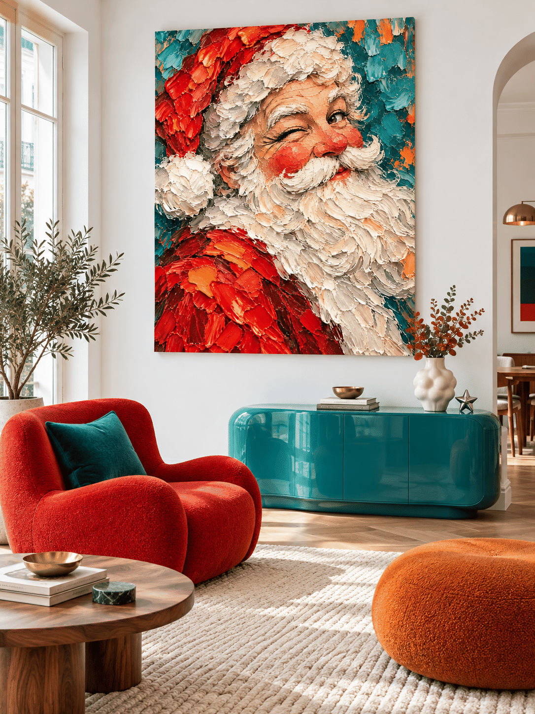Hand-Painted Winking Santa Portrait Canvas Art With Red And Teal Colors