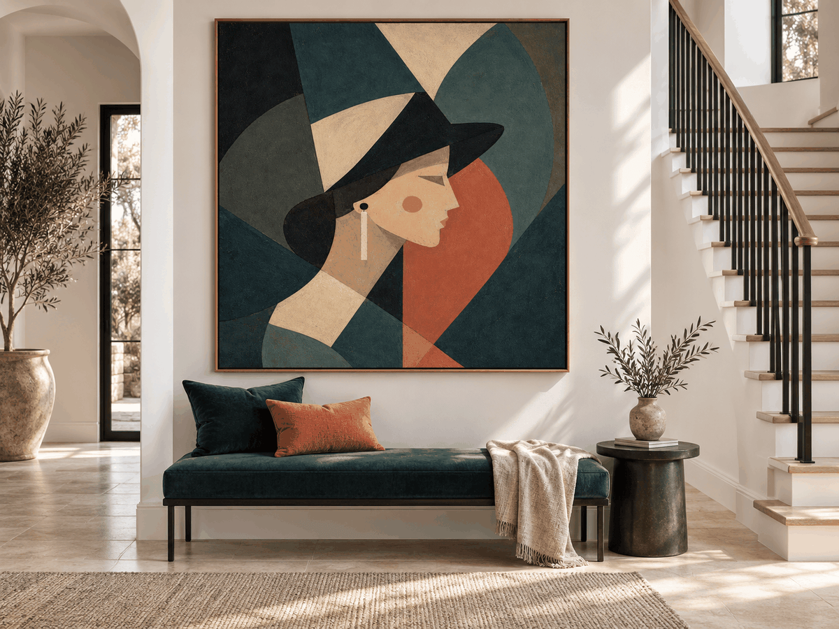 Minimalist Art Deco Style Painting With Morandi Green And Red Tones