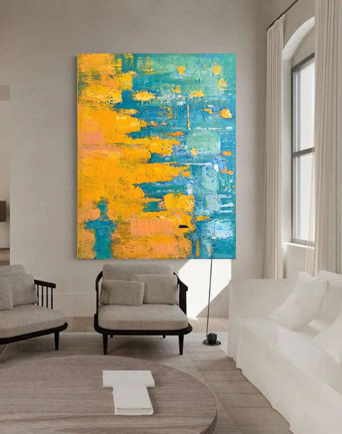 Large Abstract Painting Wall Art Minimalist Textured Painting Yellow And Blue Abstract Canvas Art Bedroom Wall Decor