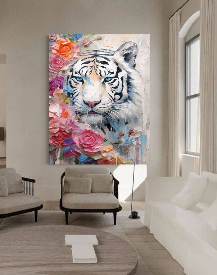 Textured Abstract White Tiger Canvas Oil Painting Original Tiger Canvas Wall Art Modern Animal Oil Painting Home Decor