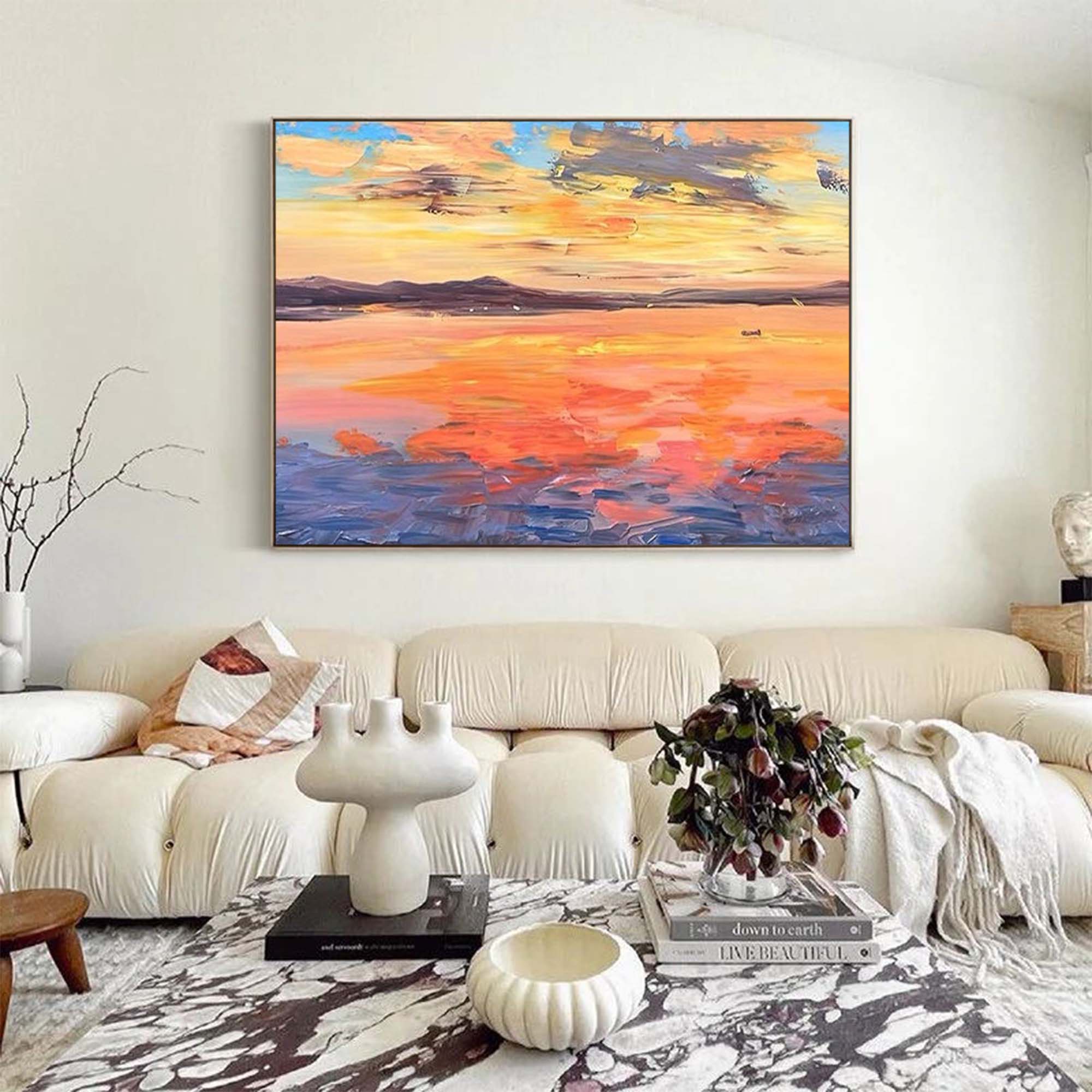 Original Sunset Seascape Oil Painting On Canvas Large Wall Art Abstract Yellow Ocean Landscape Painting Living Room Decor