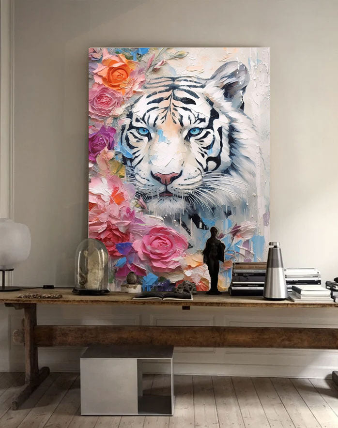 Textured Abstract White Tiger Canvas Oil Painting Original Tiger Canvas Wall Art Modern Animal Oil Painting Home Decor