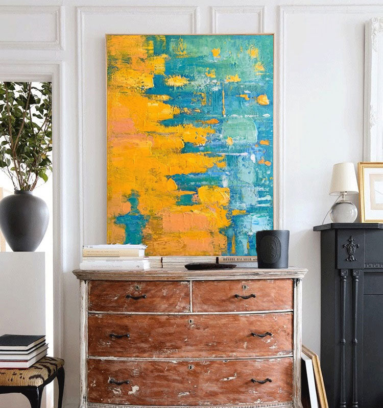 Large Abstract Painting Wall Art Minimalist Textured Painting Yellow And Blue Abstract Canvas Art Bedroom Wall Decor