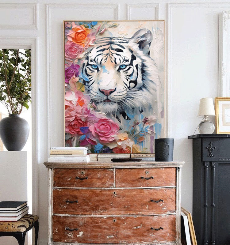 Textured Abstract White Tiger Canvas Oil Painting Original Tiger Canvas Wall Art Modern Animal Oil Painting Home Decor