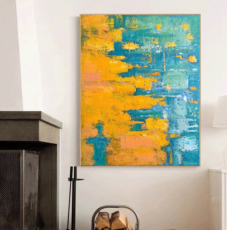Large Abstract Painting Wall Art Minimalist Textured Painting Yellow And Blue Abstract Canvas Art Bedroom Wall Decor