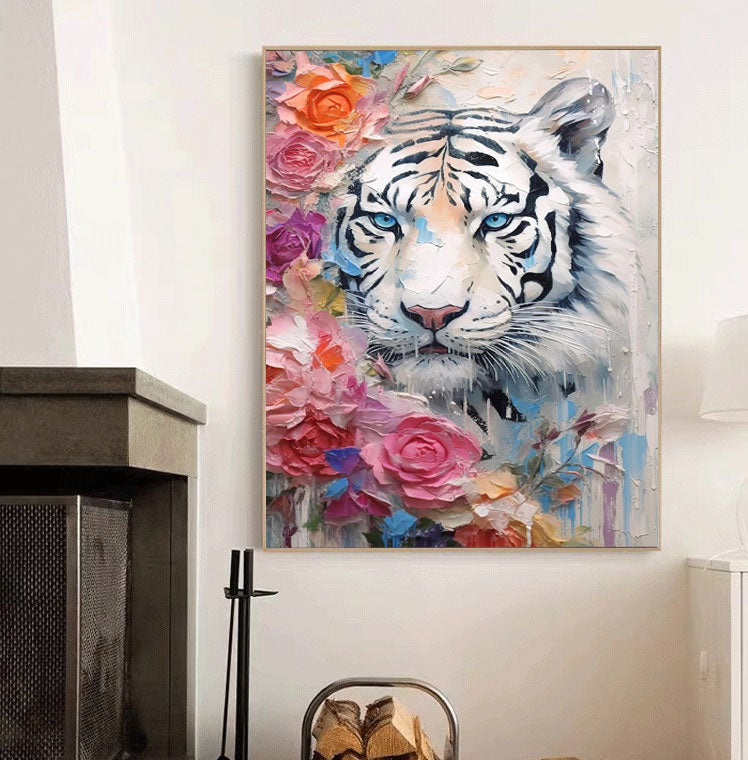 Textured Abstract White Tiger Canvas Oil Painting Original Tiger Canvas Wall Art Modern Animal Oil Painting Home Decor