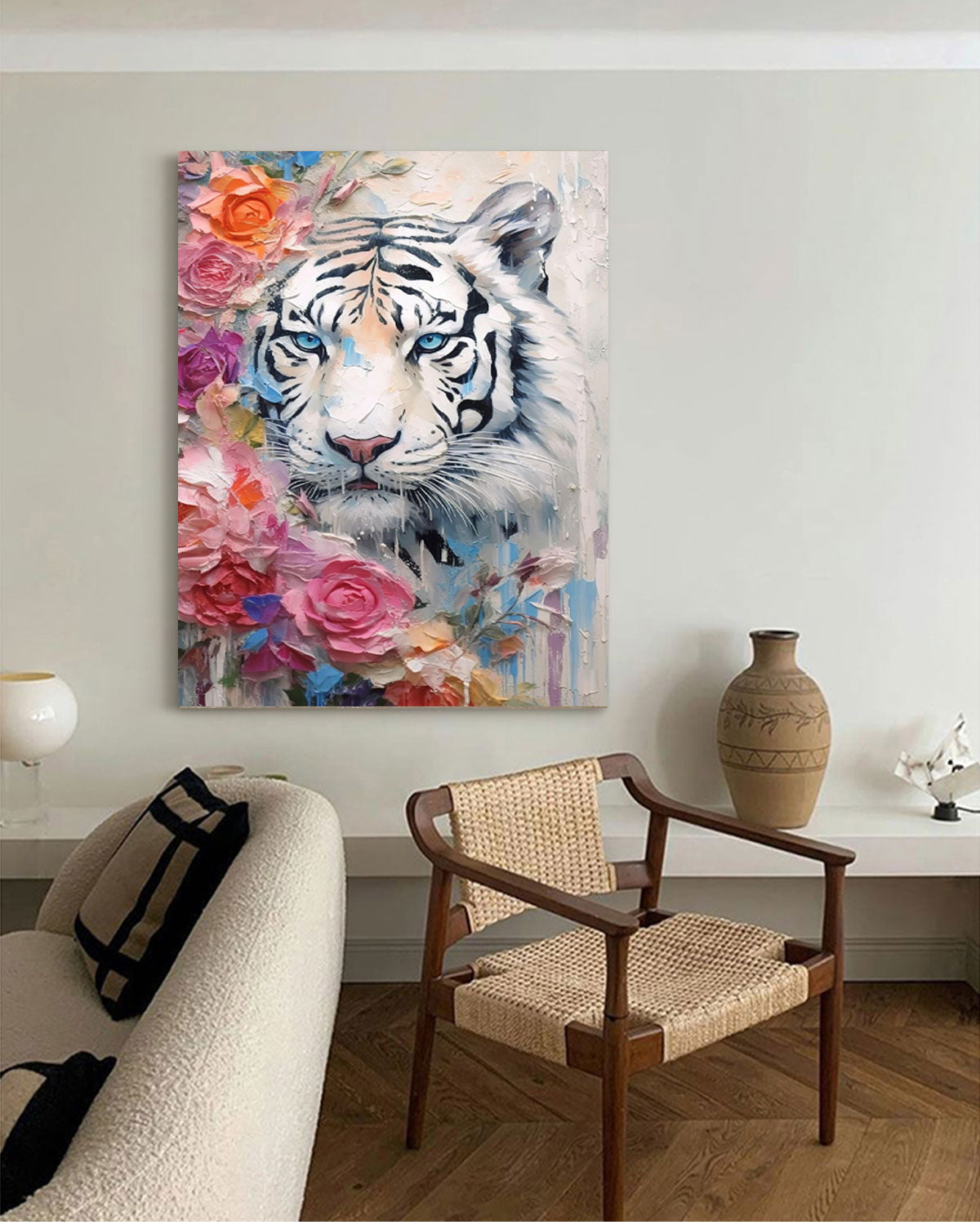 Textured Abstract White Tiger Canvas Oil Painting Original Tiger Canvas Wall Art Modern Animal Oil Painting Home Decor