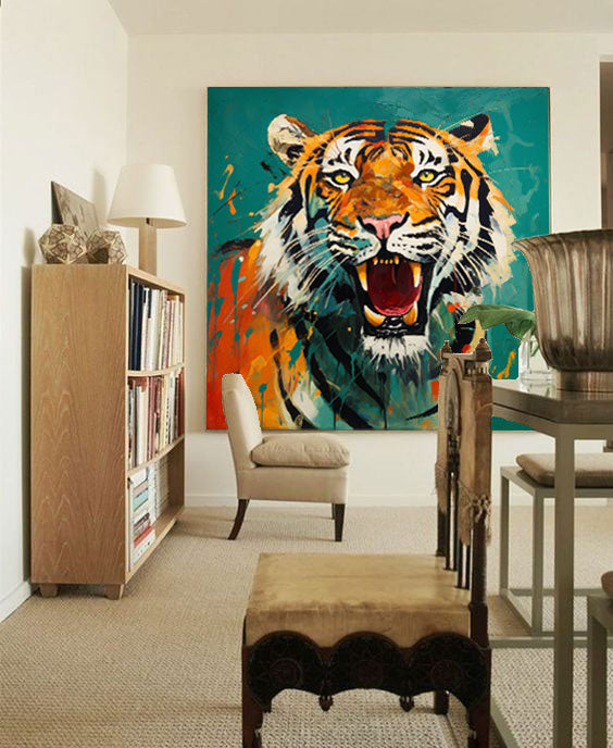 Modern Green Background Abstract Tiger Canvas Oil Painting Original Tiger Canvas Wall Art Large Animal Artwork Living Room Office