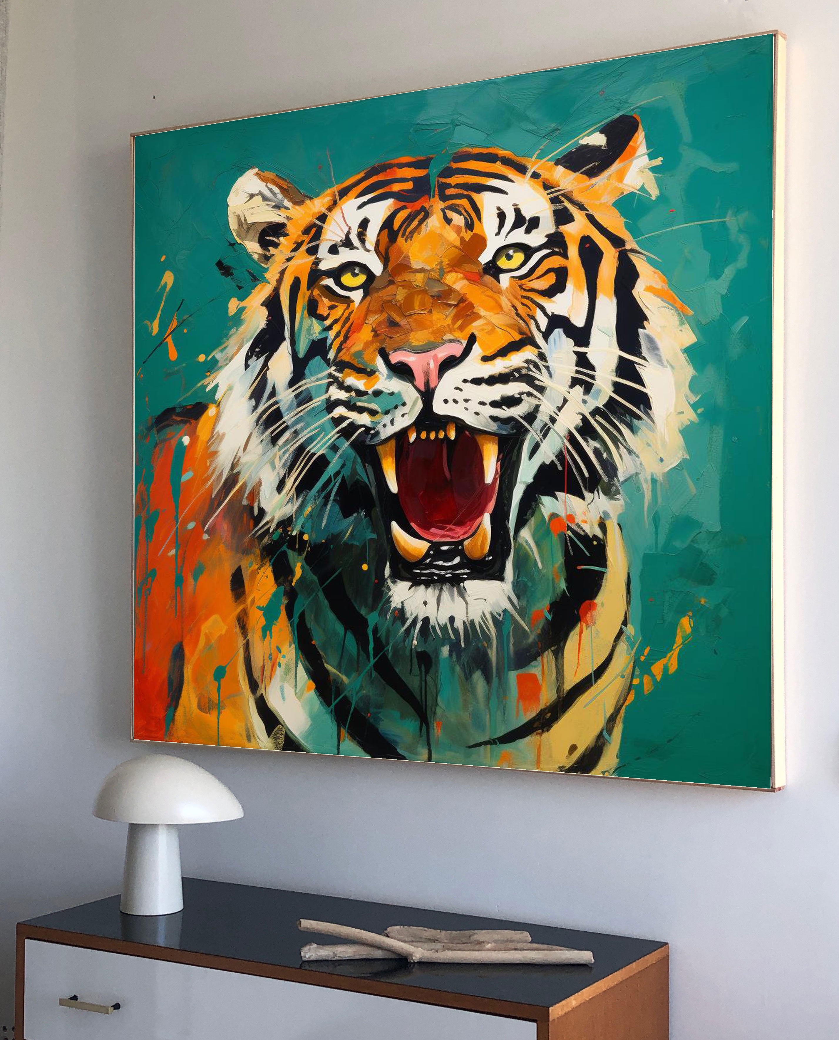 Modern Green Background Abstract Tiger Canvas Oil Painting Original Tiger Canvas Wall Art Large Animal Artwork Living Room Office