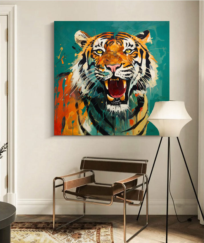 Modern Green Background Abstract Tiger Canvas Oil Painting Original Tiger Canvas Wall Art Large Animal Artwork Living Room Office