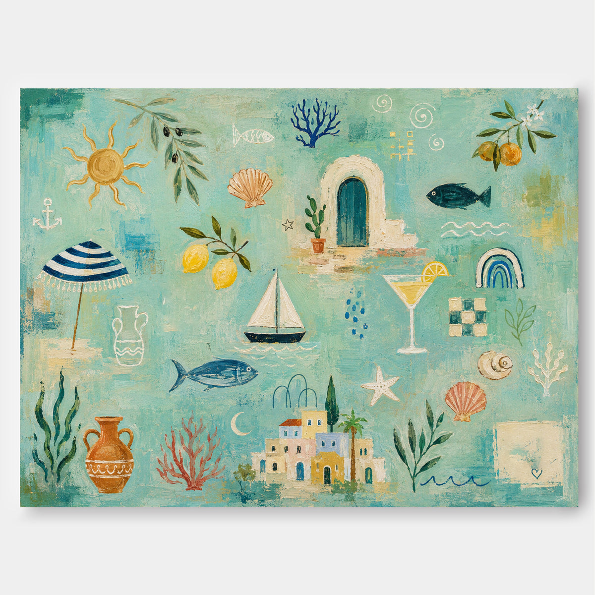 Modern Abstract Beach Decor Painting With Geometric And Organic Shapes