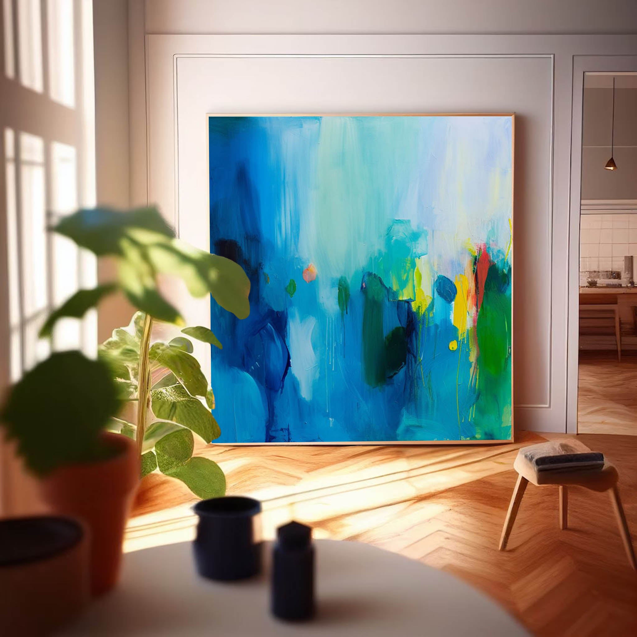 Oversize Blue Abstract Acrylic Painting Acrylic Abstract Impression Painting Large Framed Wall Art